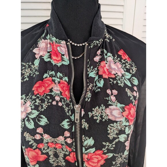 Kendall & Kylie Bomber Jacket Womens S Black Pink Floral Zip Crop Skater Hipster - Picture 2 of 14